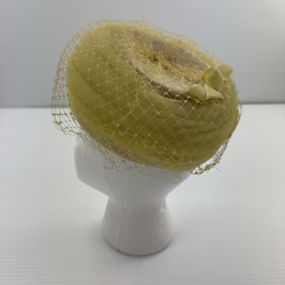 Vintage Yellow Veil Pillbox Hat Fascinator Church Derby Tea Party Mid Century